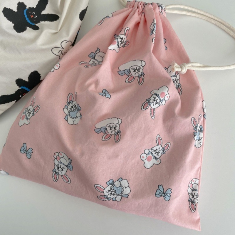 Cute Rabbit Print Baby Diaper Bag Soft Cotton Drawstring Pouch Reusable Travel Storage Bag for Newborn Diapers