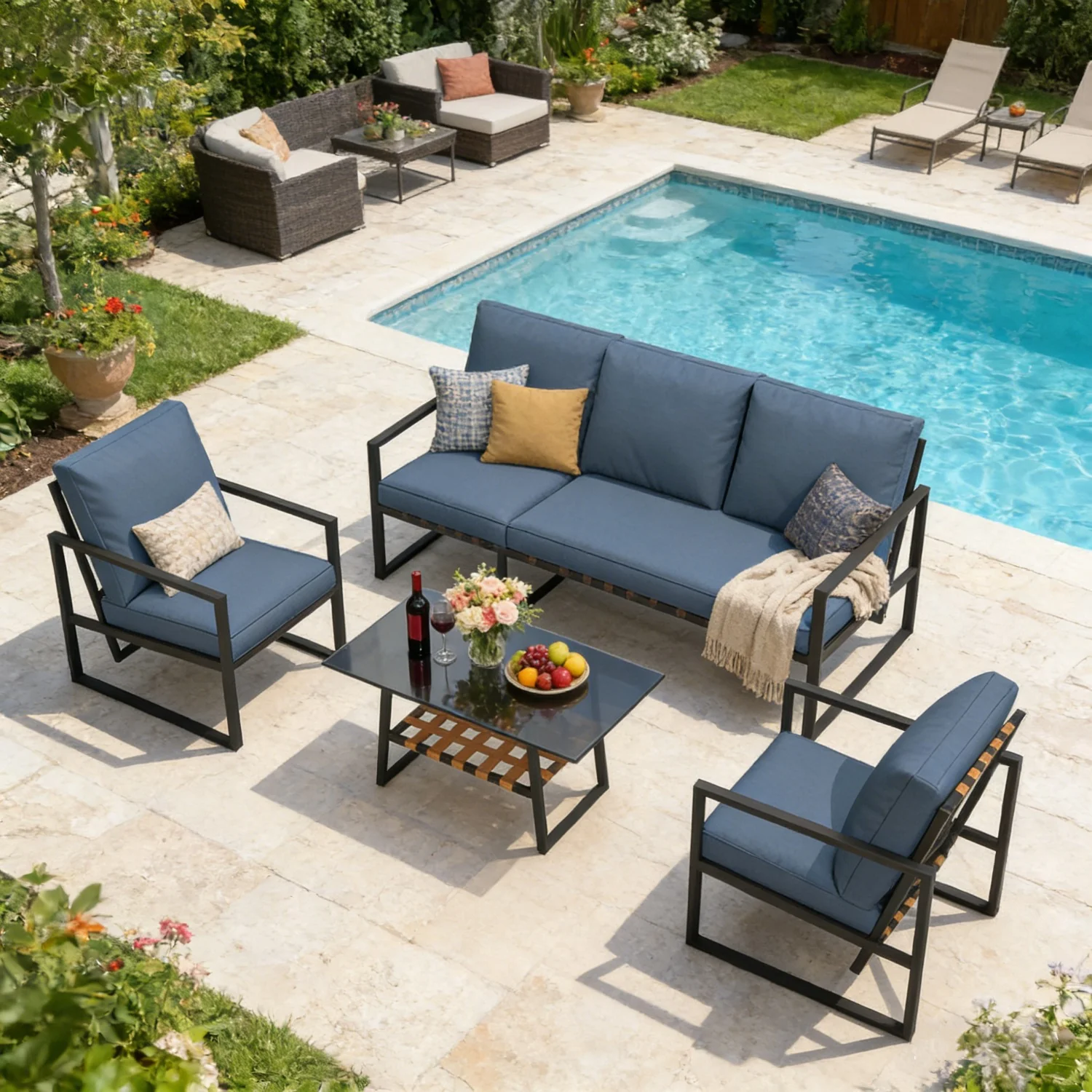 AECOJOY 4-Piece Outdoor Garden Furniture Set, 3-Seater Sofa & 2 Armchairs with Glass Coffee Table, Dark Blue