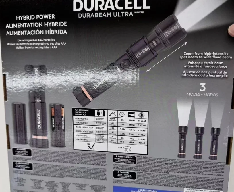 Duracell Hybrid Flashlight, 1500 Lumens, 4 - Count