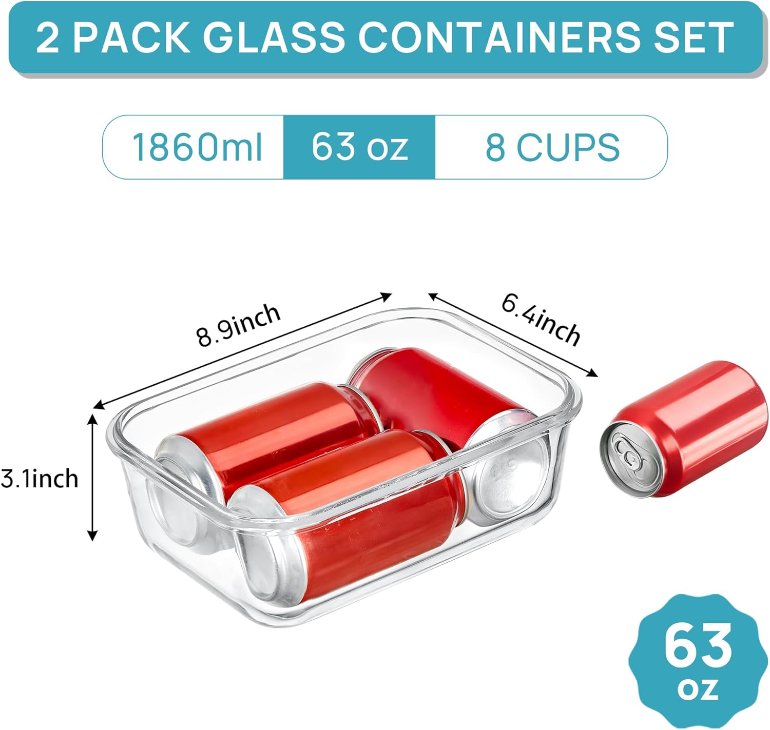 Vtopmart 2Pack 1860ml/63oz Large Glass Storage Containers With Lids, Grey