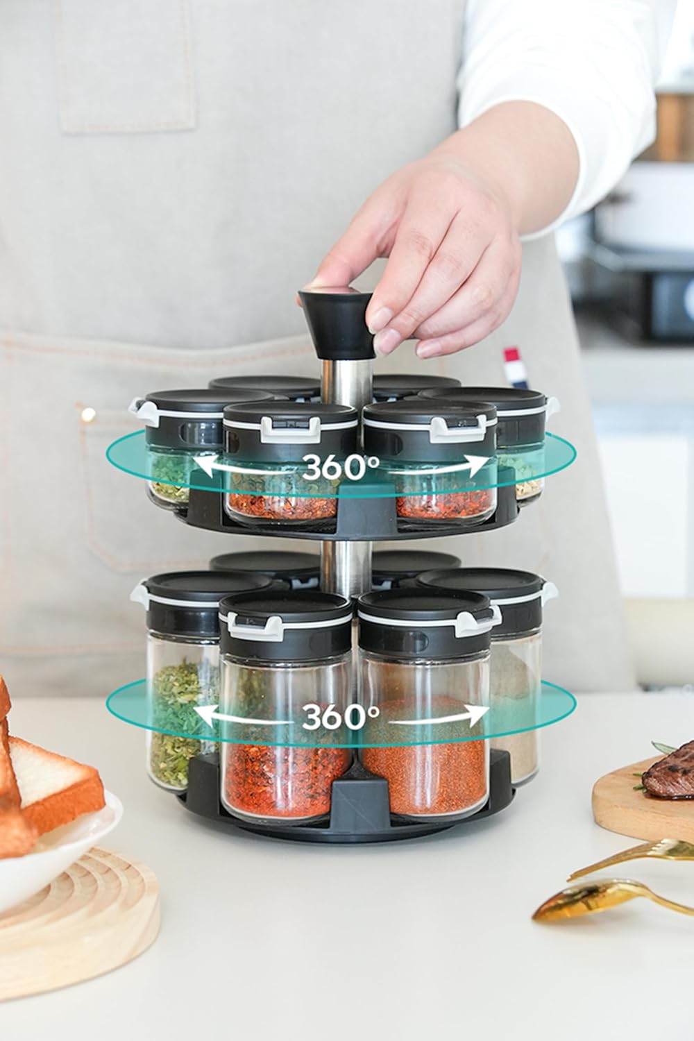 360 rotating 2-tier spice rack (6 small 6 large spice jars) Revolving Seasoning OrganizerSpinning Spice Rack for Counter Top and Cabinet WITH Custom Label Stickers