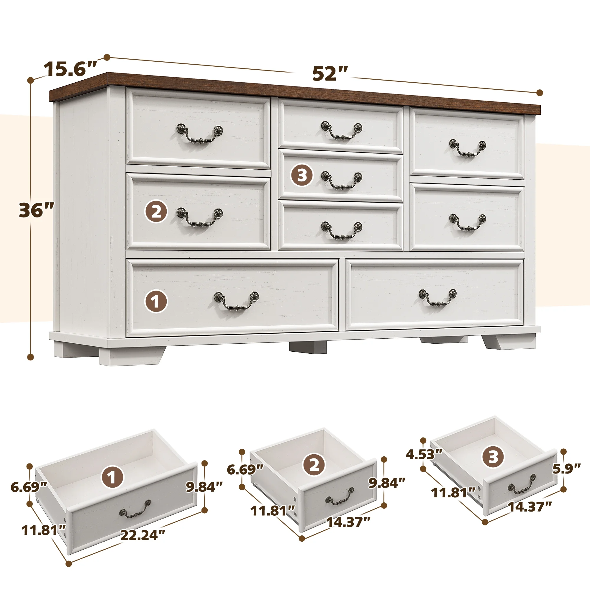Enhomee Wood Dressers for Bedroom with 9 Drawers White Dresser Chest of Drawers for Living Room