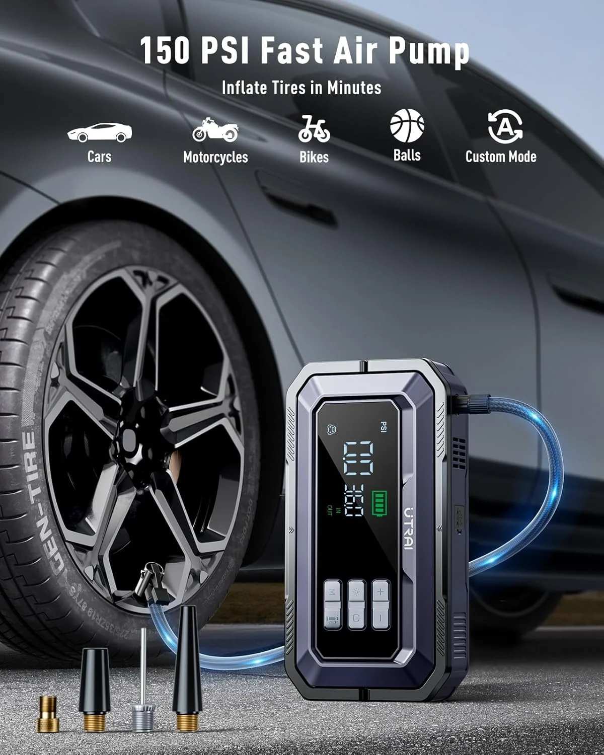 7000A Car Jump Starter with Smart OBD for All Gas and 12V Diesel, 150PSI Car Air Compressor, 18W Quick Charge, LED Spotlight - Image 5