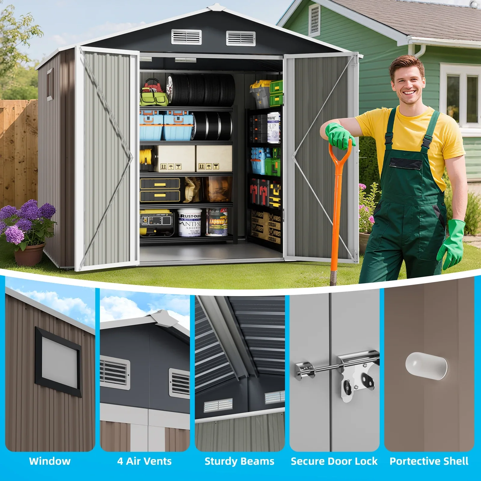 DISHUP Outdoor Storage Shed, 8x6 ft Metal Shed with Window��Lockable Doors, Ideal for Backyard, Garden and Patio