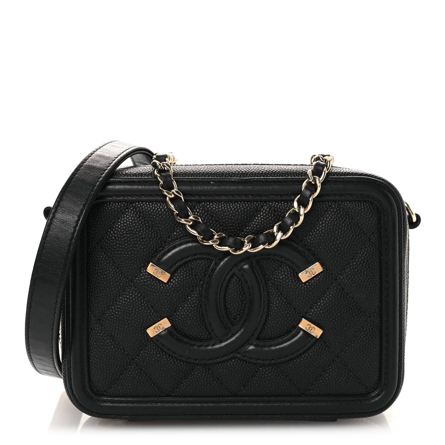 Caviar Quilted CC Filigree Vanity Clutch With Chain Black