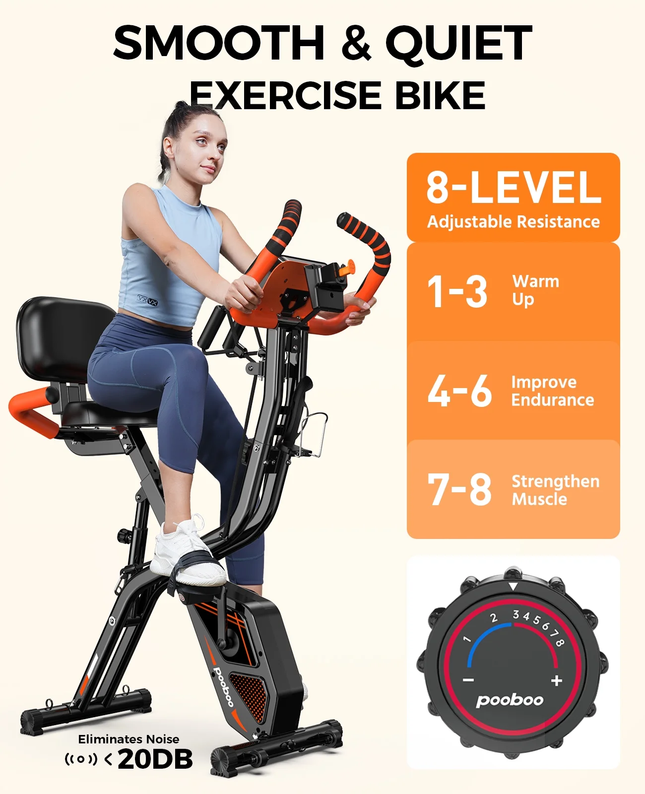 4-in-1 Exercise Bike, Foldable Stationary Bike, Tri-Position Indoor Cycling Bike with 8-Level Resistance, Arm Resistance Bands, Pulse Sensor Back Support Cushion for Home Gym Workout - Image 7