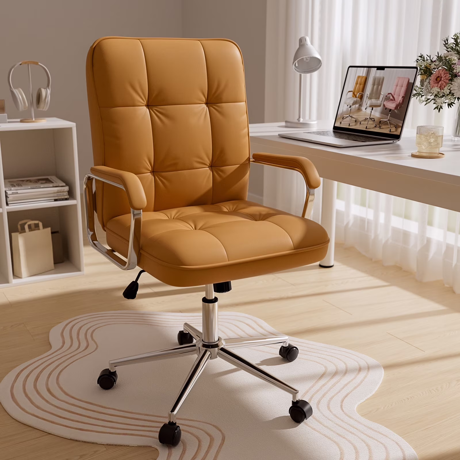 White Office Chair, Swivel Leather Computer Desk Chair with Wheels and Padded Arms, Executive Office Chair for Adults(White) Image 3