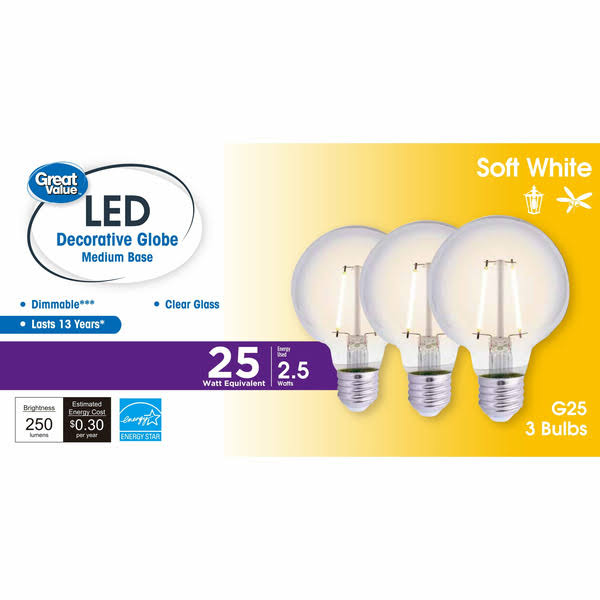 Great Value LED Light Bulb G25 25W Eqv. Softwhite, Clear