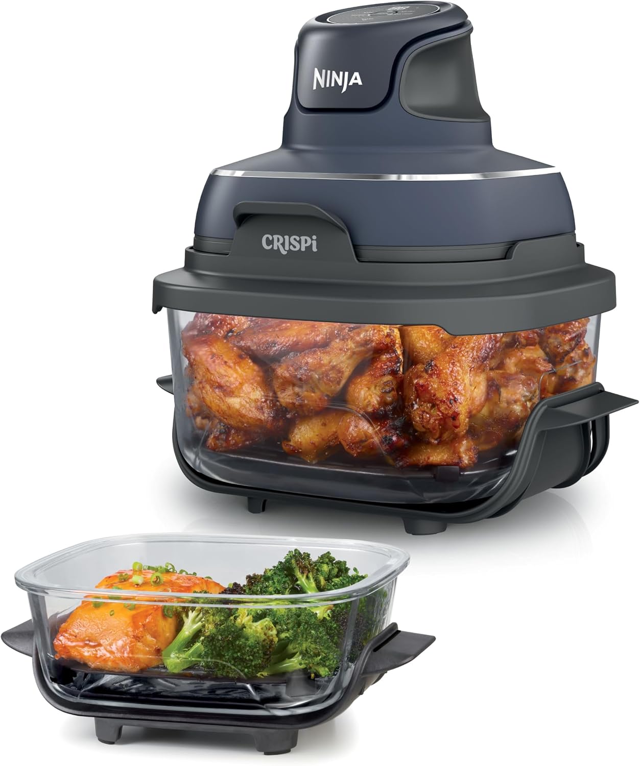 Ninja Crispi Glass Air Fryer, 4-in-1, Stone, FN101ST| Max crisp, bake, air fry, recrisp, 450F max, 4 Qt and 6 Cup containers, PFAS-free glass
