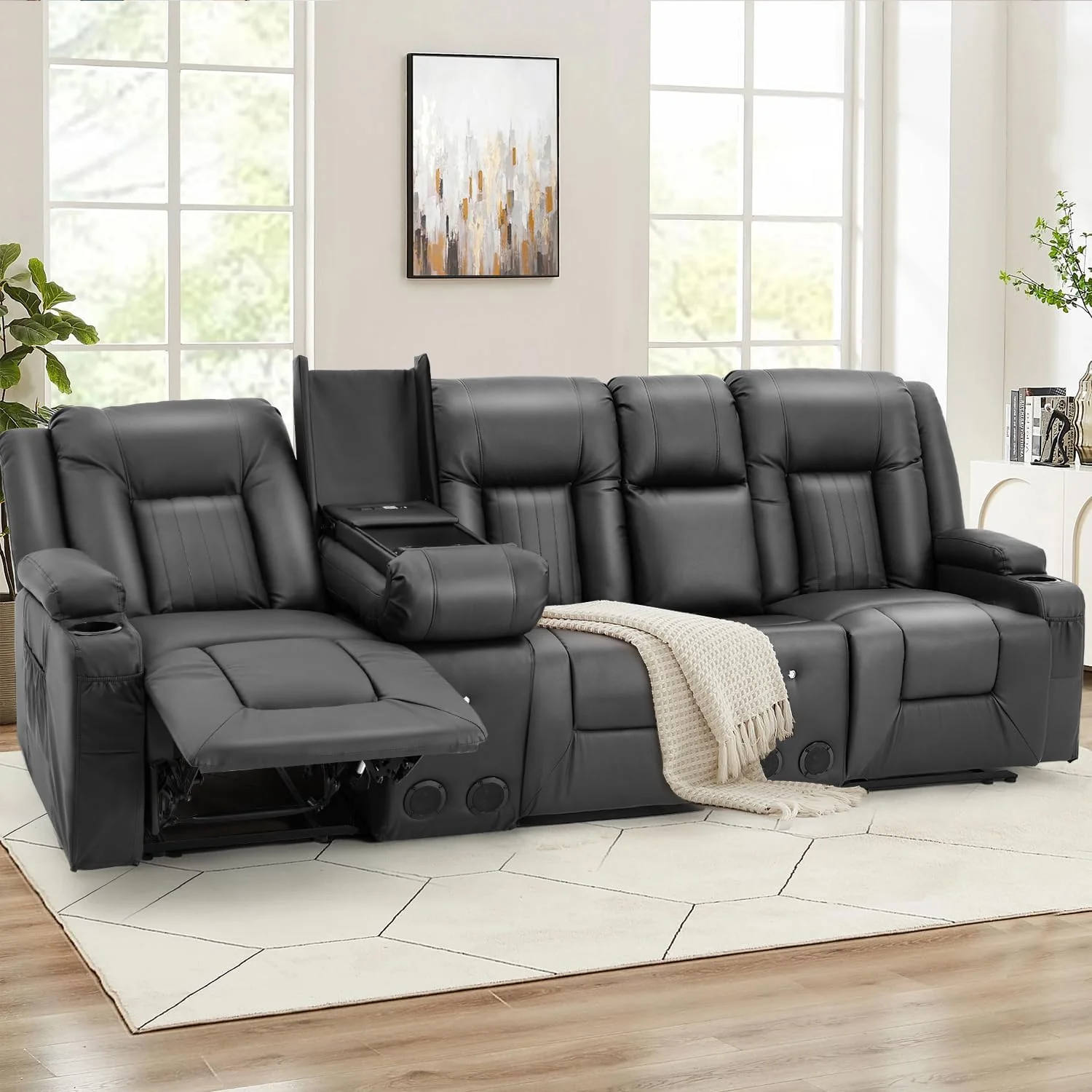 AECOJOY 3 Seater Recliner Sofa with 2 Console&Bluetooth Speakers, Black