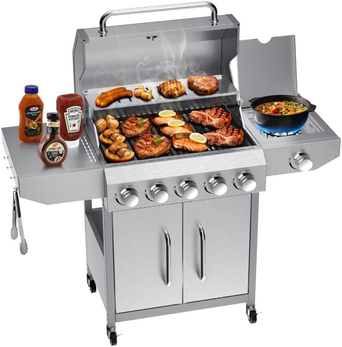 Bestfire 68,000 BTU 5 Burner Propane Gas Grill with Side Burner-Professional-Grade Stainless Steel Outdoor BBQ Grill-647 sq in Cooking Space & Porcelain Cast Iron Grates-Patio Cart Design for Backyard