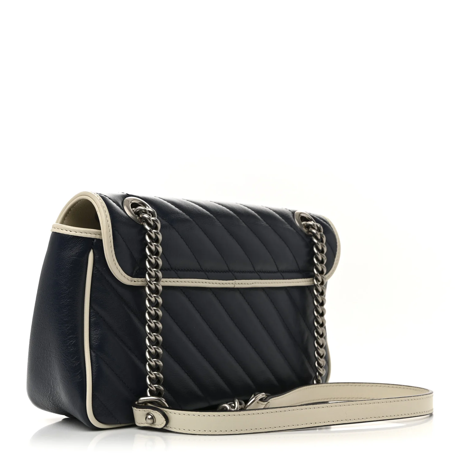 Vintage Effect Calfskin Matelasse Diagonal Small Torchon GG Marmont Shoulder Bag Blue Agata Mystic White