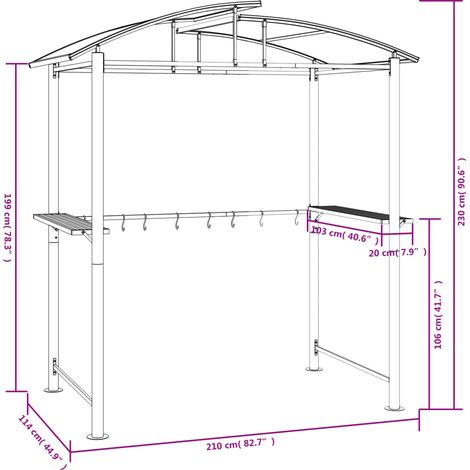 Vidaxl – Gazebo BBQ avec étagères latérales – Acier anthracite – Dimensions 210x114x230cm – Toit en polycarbonate pour ombre et ventilation — vue 3