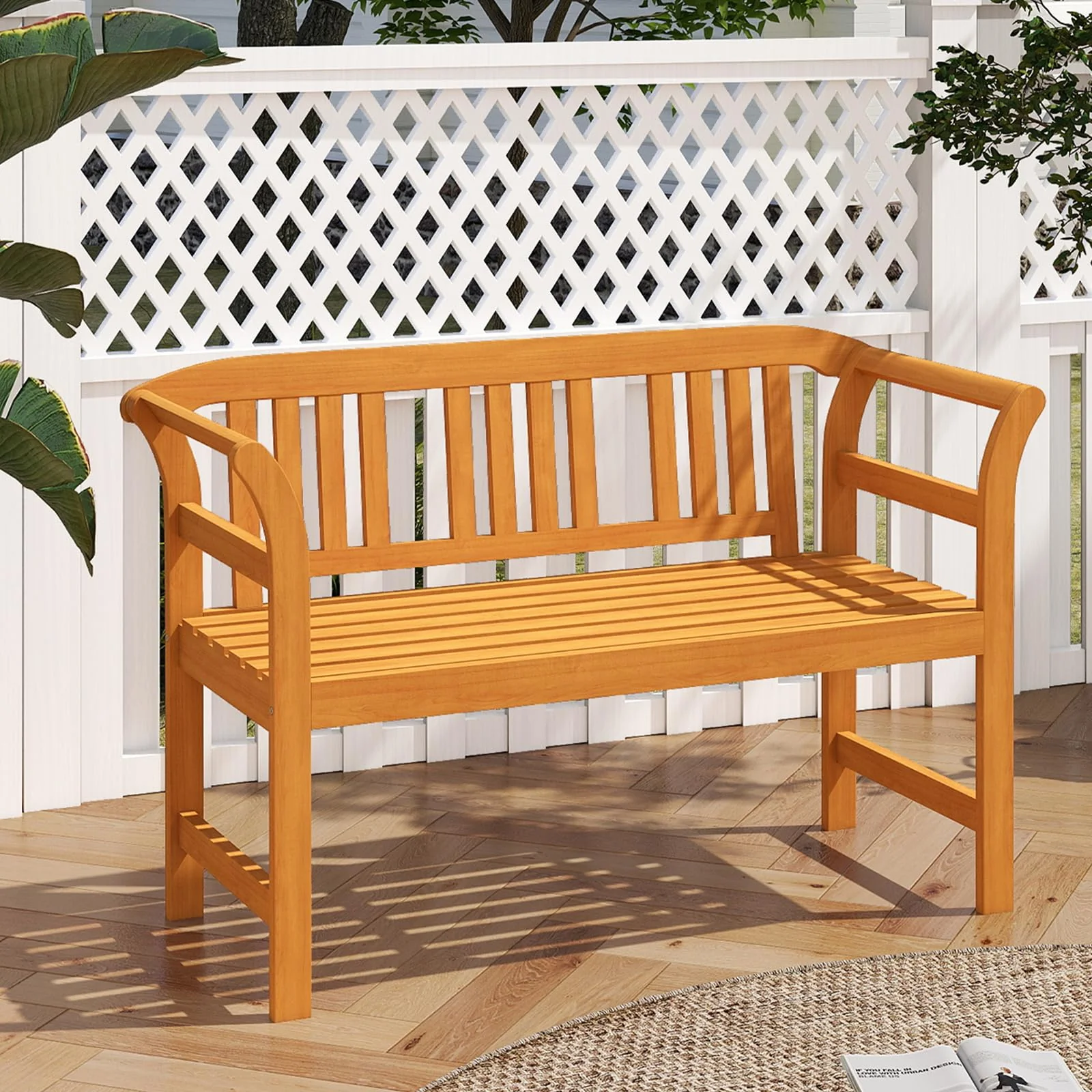 Tangkula Acacia Wood Outdoor Bench with Curved Armrests