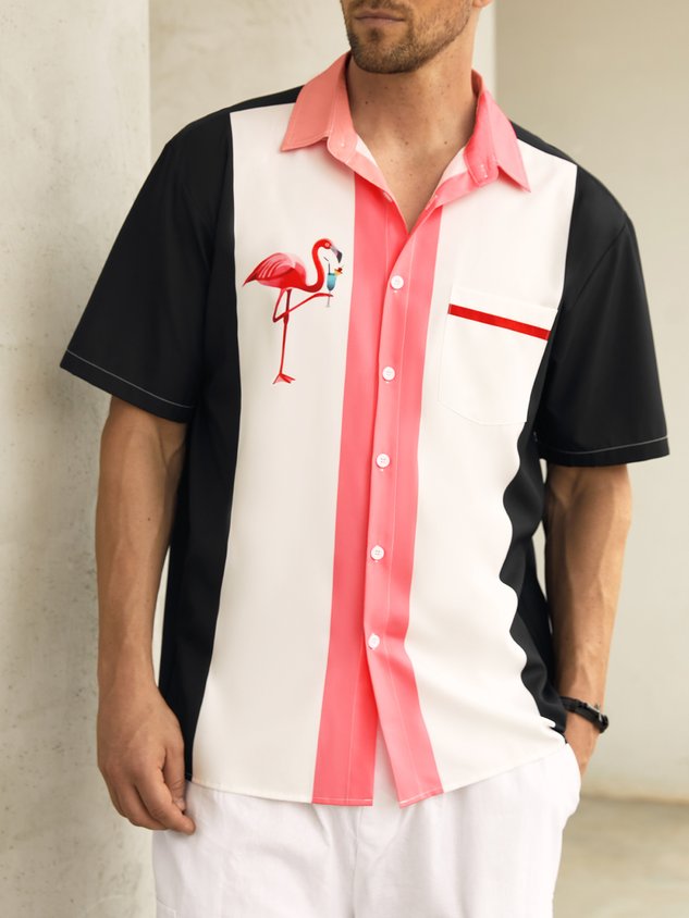 Chemise de bowling à manches courtes avec poche poitrine flamant rose