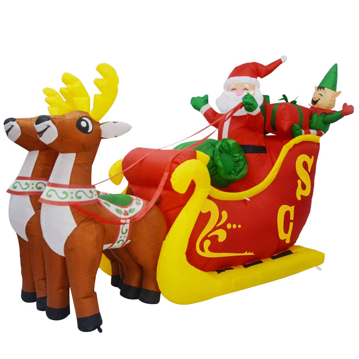 GOOSH 7 ft Christmas Inflatables Santa Claus in Sleigh with Two Reindeer Outdoor Decorations Blow Up Yard Santa Claus with Built-In LEDs for Indoor