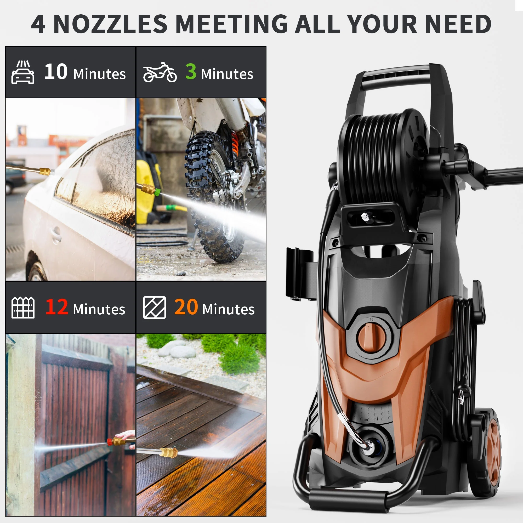 Electric Pressure Washer, 4500 PSI 3.2 GPM Power Washer with 4 Quick Connect Nozzles, High Pressure Cleaning Machine with Foam Cannon for Cars/Fences/Driveways/Patios/Home Cleaning(T3/Red) - Image 3