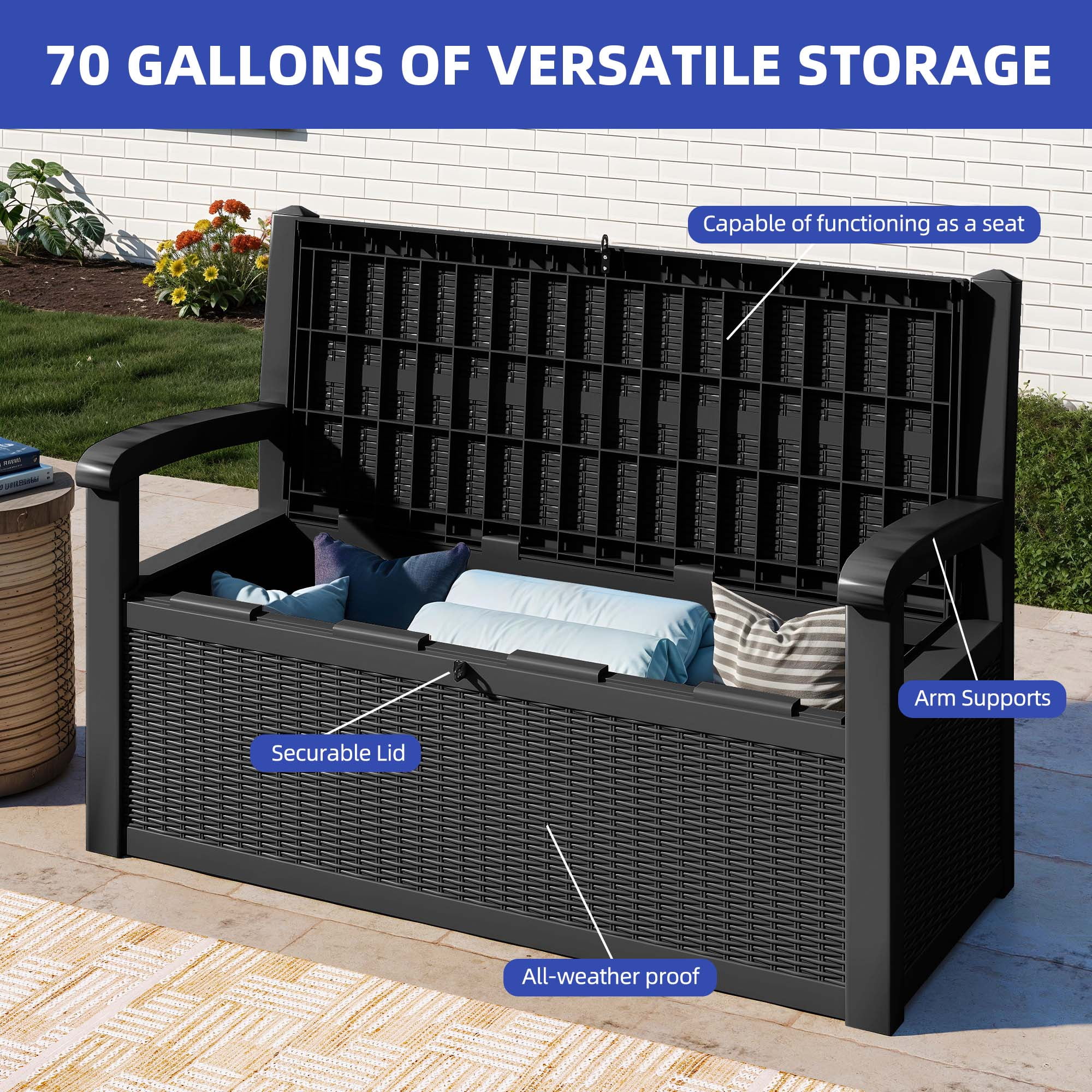 70-Gallon Outdoor Resin Storage Cabinet with Rattan Backrest �C Waterproof Patio Bench Seat, 500 lbs Capacity, Black - Image 7