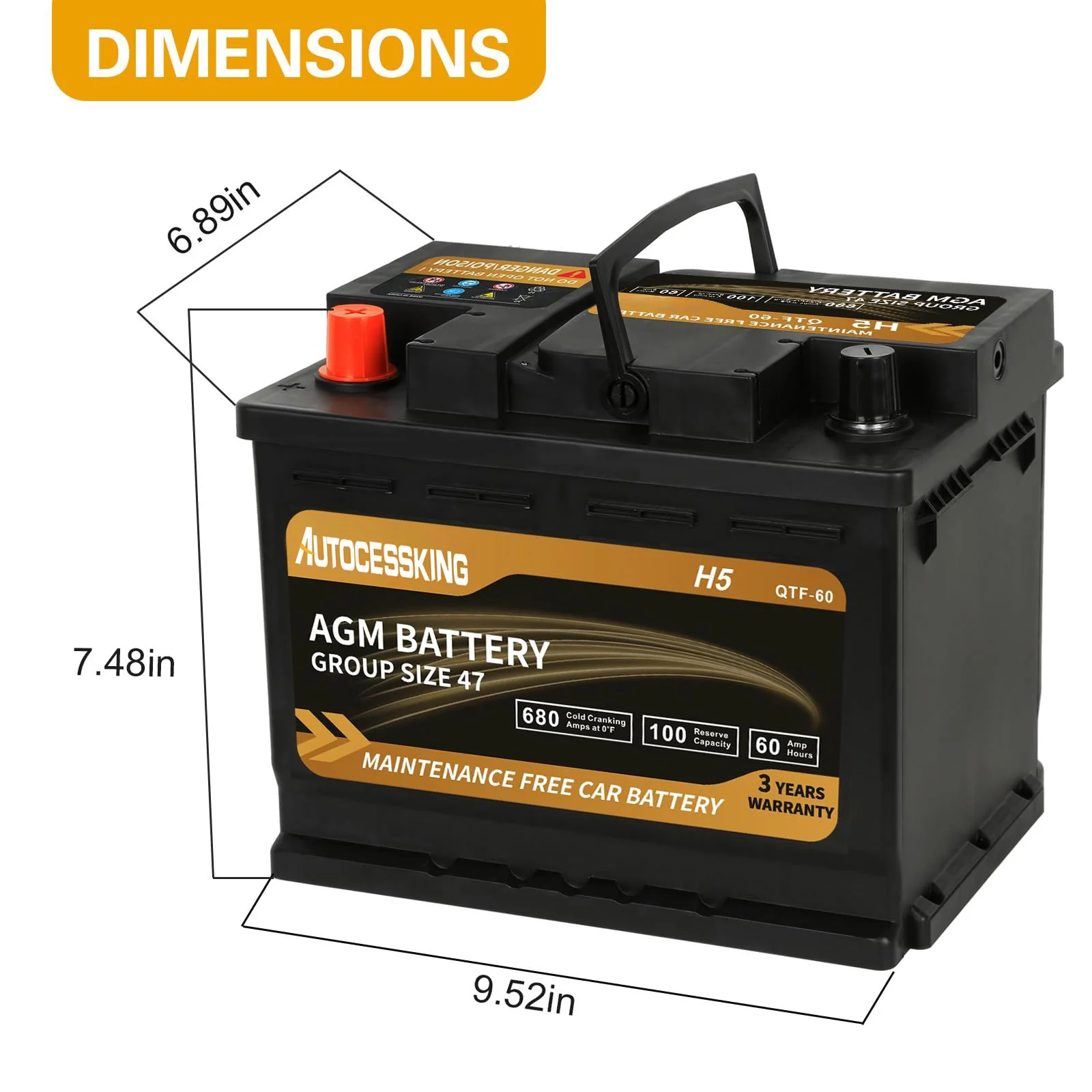 Platinum AGM Battery, Group 47 Rechargeable Automotive Batteries for Car, 12V H5 680CCA 60Ah 100RC(47) - Image 2