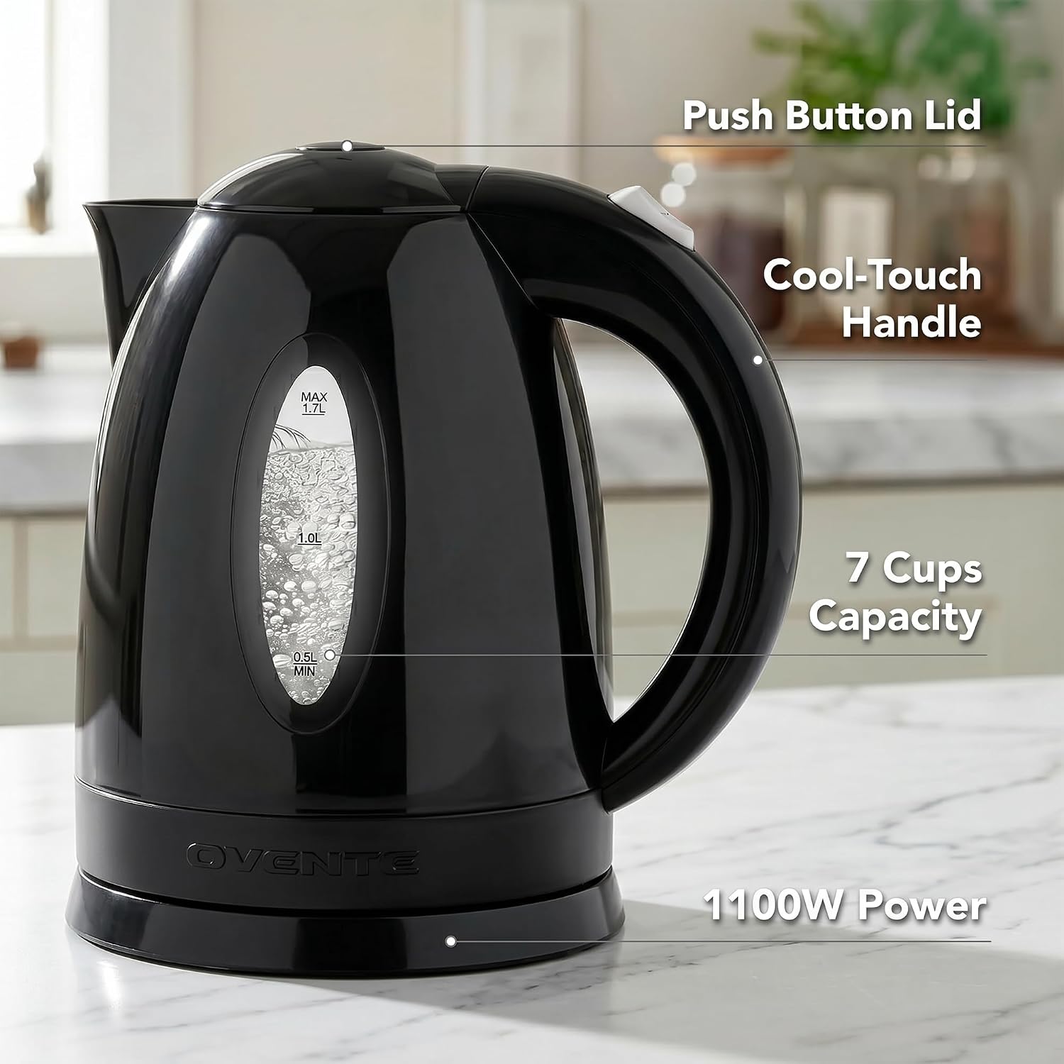 OVENTE 1.7L Electric Tea Kettle, 1100W BPA-Free Water Boiler, Black KP72B| Fast Boiling, Auto Shut-Off, Boil-Dry Protection, 360° Swivel Base, Cordless Serving, Clear-View Window and Removable Filter