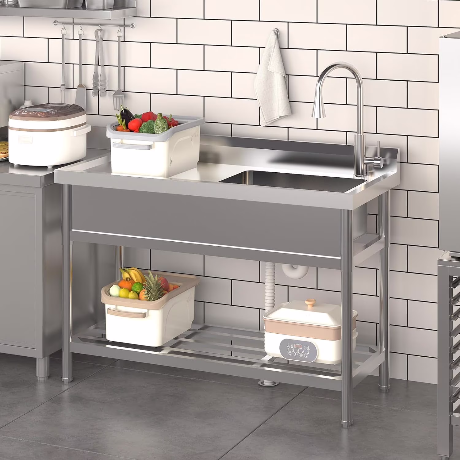 TROPOW 24x20x42 Inch Stainless Steel Utility Sink, Freestanding Single Bowl with Cold and Hot Water Pipe and Faucet, Commercial Sink Kitchen Sink for Restaurant Laundry Room Bathroom Garage Garden