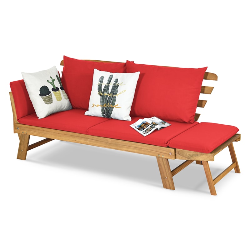 Lit de jour d'extérieur convertible en bois d'acacia avec accoudoirs et coussin réglables