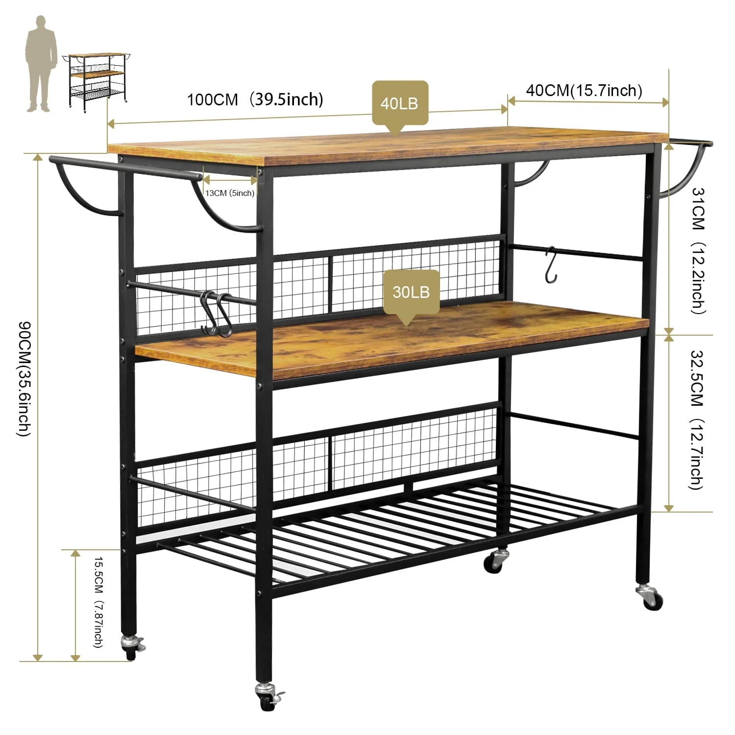 MONVANE 40"W Large Kitchen Iron Cart Island, 3 Tier Rolling Kitchen Rack Large Utility Mobile Wine Cart Storage Shelf Organizer Coffee Bar with Handle(Black/With handle)