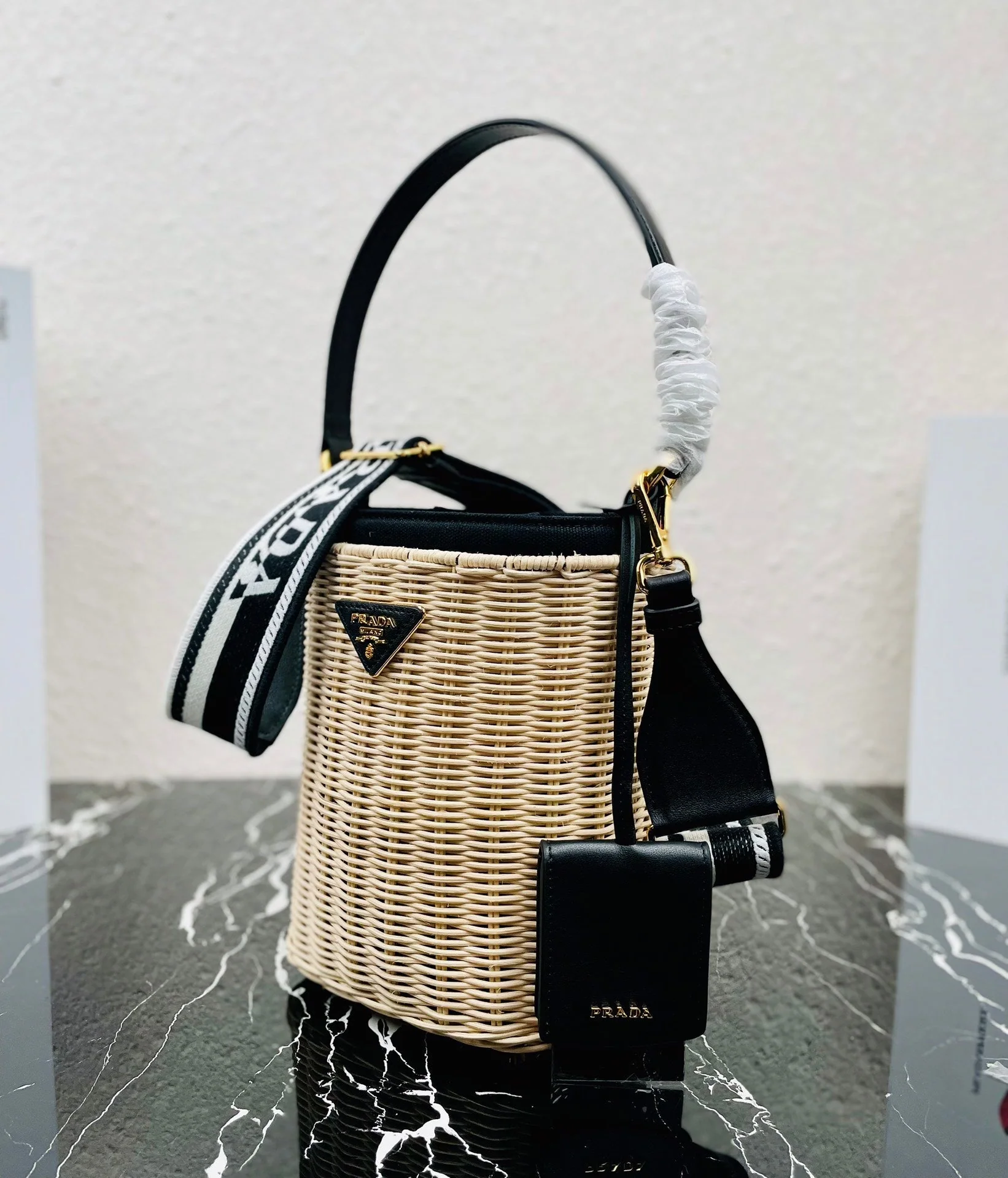 Prada Wicker And Canvas Bucket Bag TanBlack size 18x19x11 cm