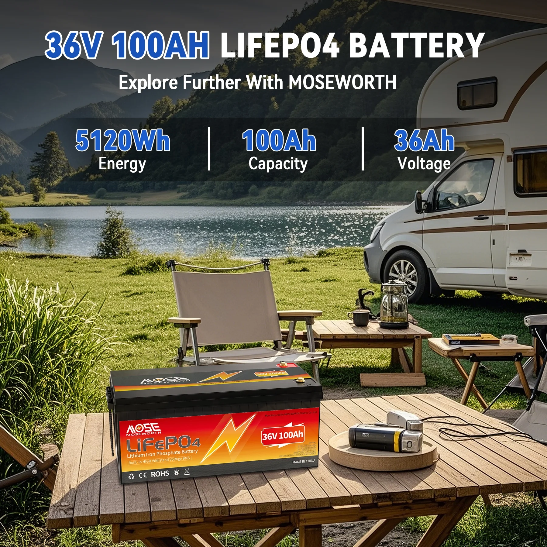 36V 100Ah LiFePO4 Golf Cart Battery,Built in 200A BMS, Lithium Batteries for RV,Marine,Van,Solar,Camping,Trolling Motor - Image 3
