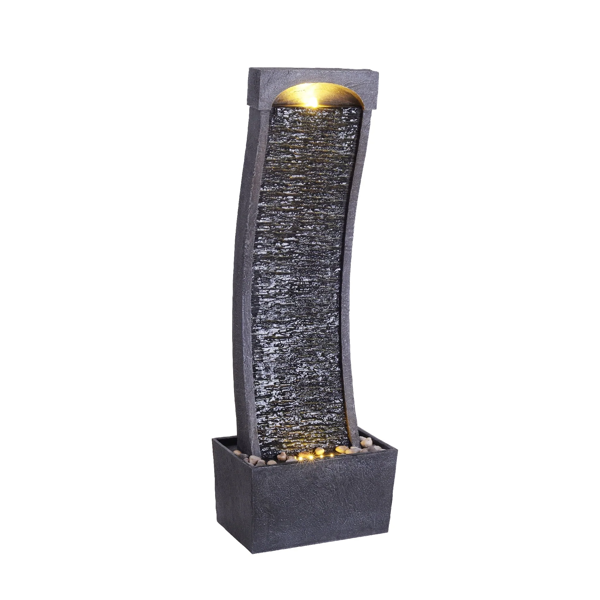 Teamson Home Indoor/Outdoor Modern Curved Slate Stone - Look Tall Waterfall Fountain with LED Lights