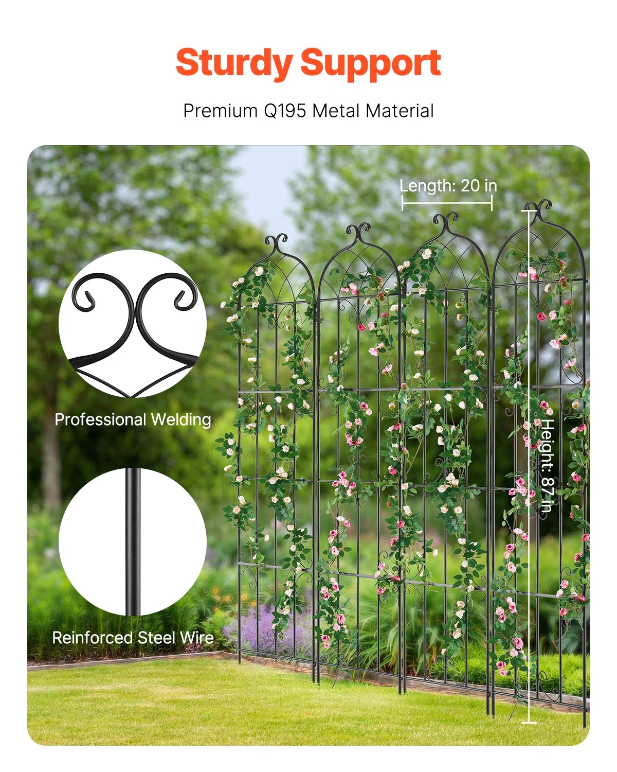 KFFKFF Outdoor Trellis for Vine Plants, Dimensions 87 x 20 in, Set of 4 Durable Metal Garden Trellis, Ideal for Climbing Roses and Cucumbers, Decorative Clematis Trellis