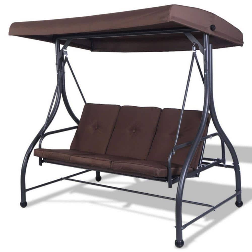 Clihome 3-Seats Patio Swing Canopy Hammock Porch Swing Glider Brown