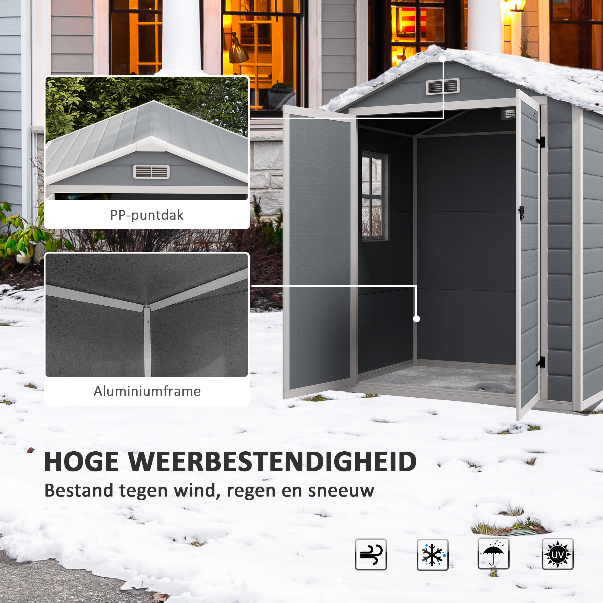 Outsunny Metalen Tuinschuur, afsluitbaar, Dubbele Deur, Raam, Aluminiumframe, 1,80 x 1,30 x 2,10 m, Grijs