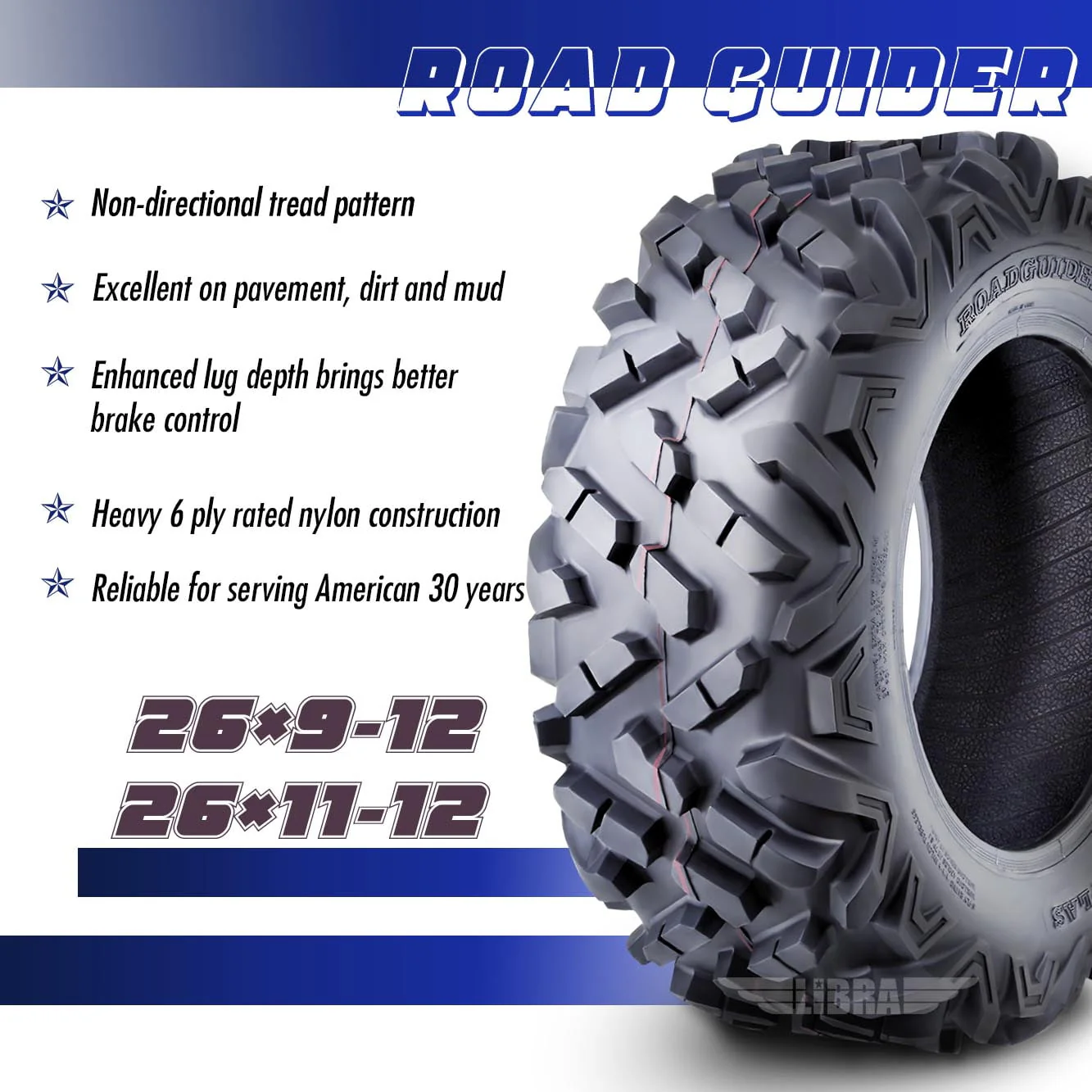 Set 4 Roadguider ATV UTV Tires 26x9 - 12 26x9x12 Front & 26x11 - 12 26x11x12 Rear 6PR