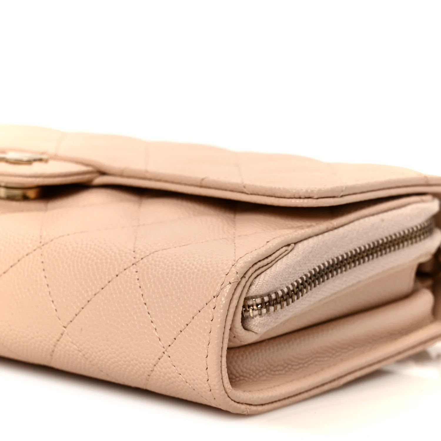 Caviar Quilted Phone Holder Wallet on Removable Chain Light Beige