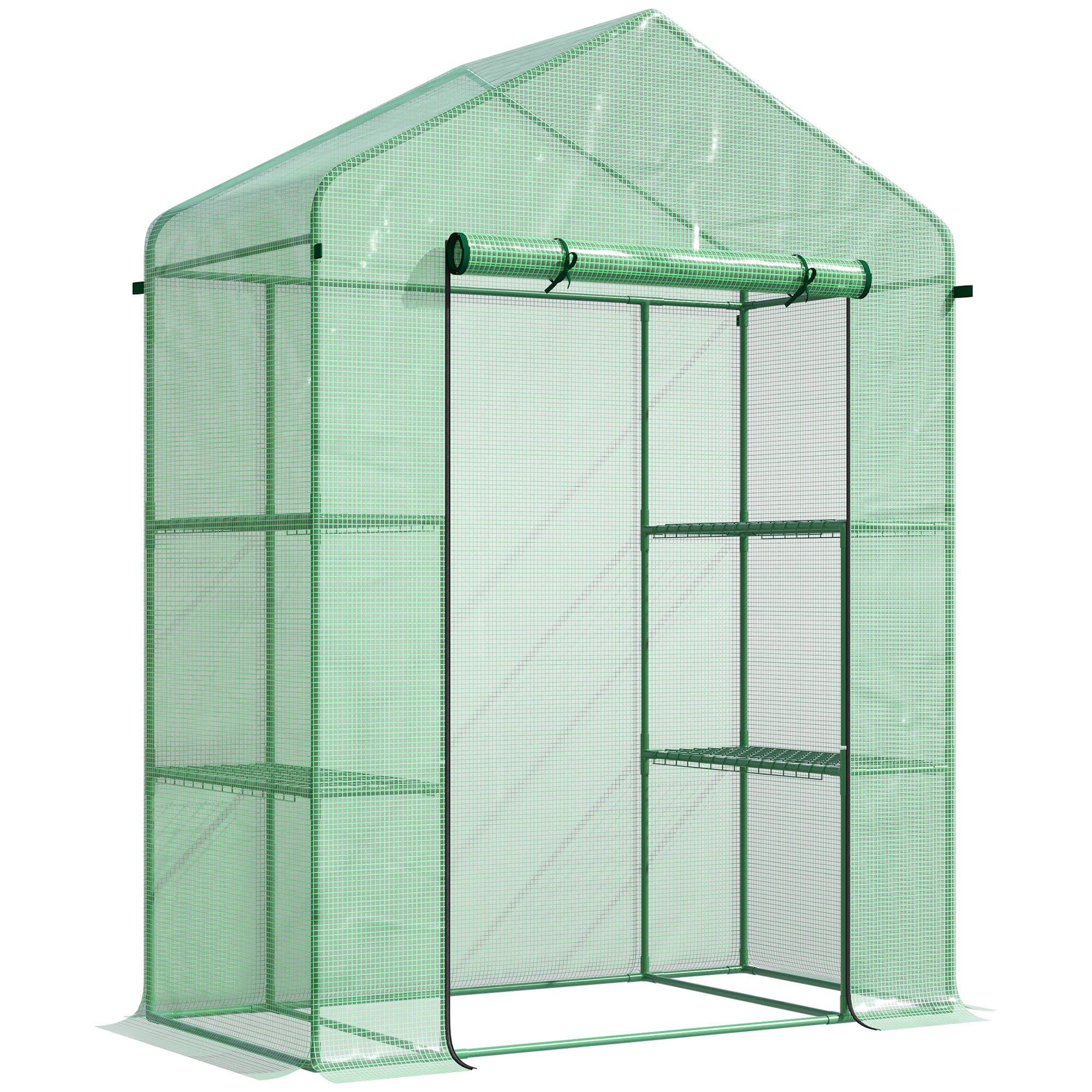 Outsunny 5' x 2.5' x 6.5' Mini Walk-In Greenhouse Kit, Portable Green House with 3 Tier Shleves, Roll-Up Door, and Weatherized PE Cover for Backyard