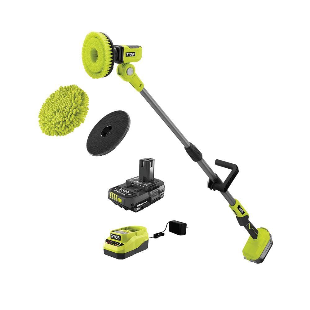Ryobi One+ 18V Cordless Telescoping Power Scrubber Kit with 2.0 Ah Battery and Charger and 6 in. Knit Microfiber Kit