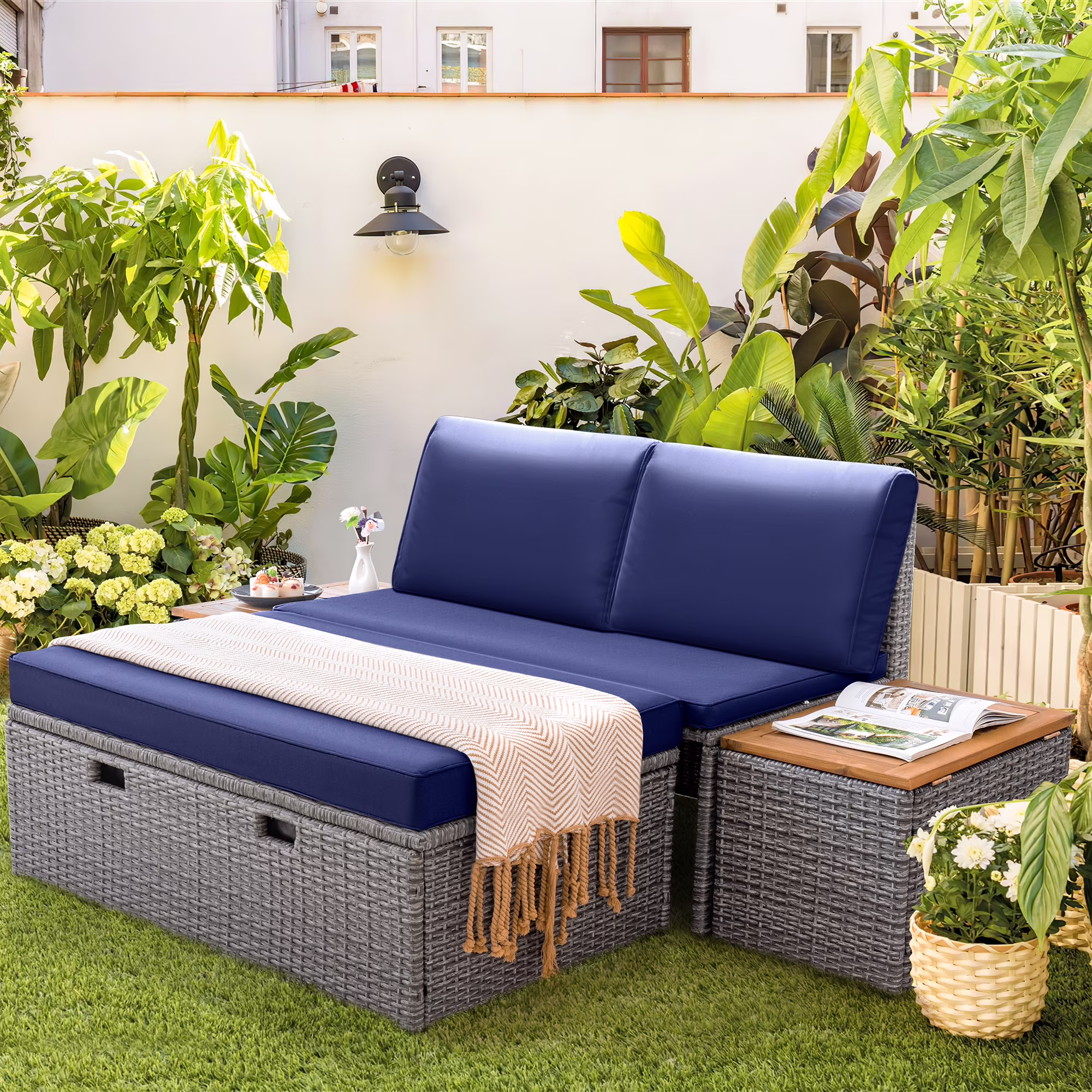 Powder-Coated Alloy Steel Outdoor Daybed with Storage, Dark Blue(Dark Blue)