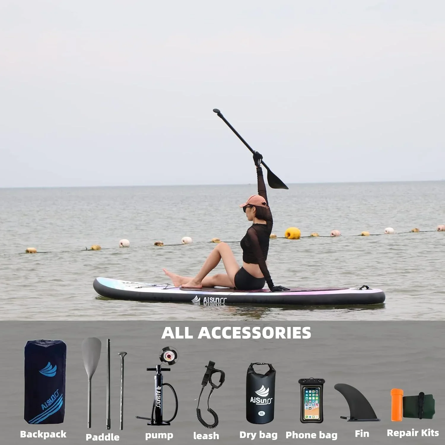 Planche de SUP gonflable large avec sac de transport, pompe à main et sac étanche de 10 L