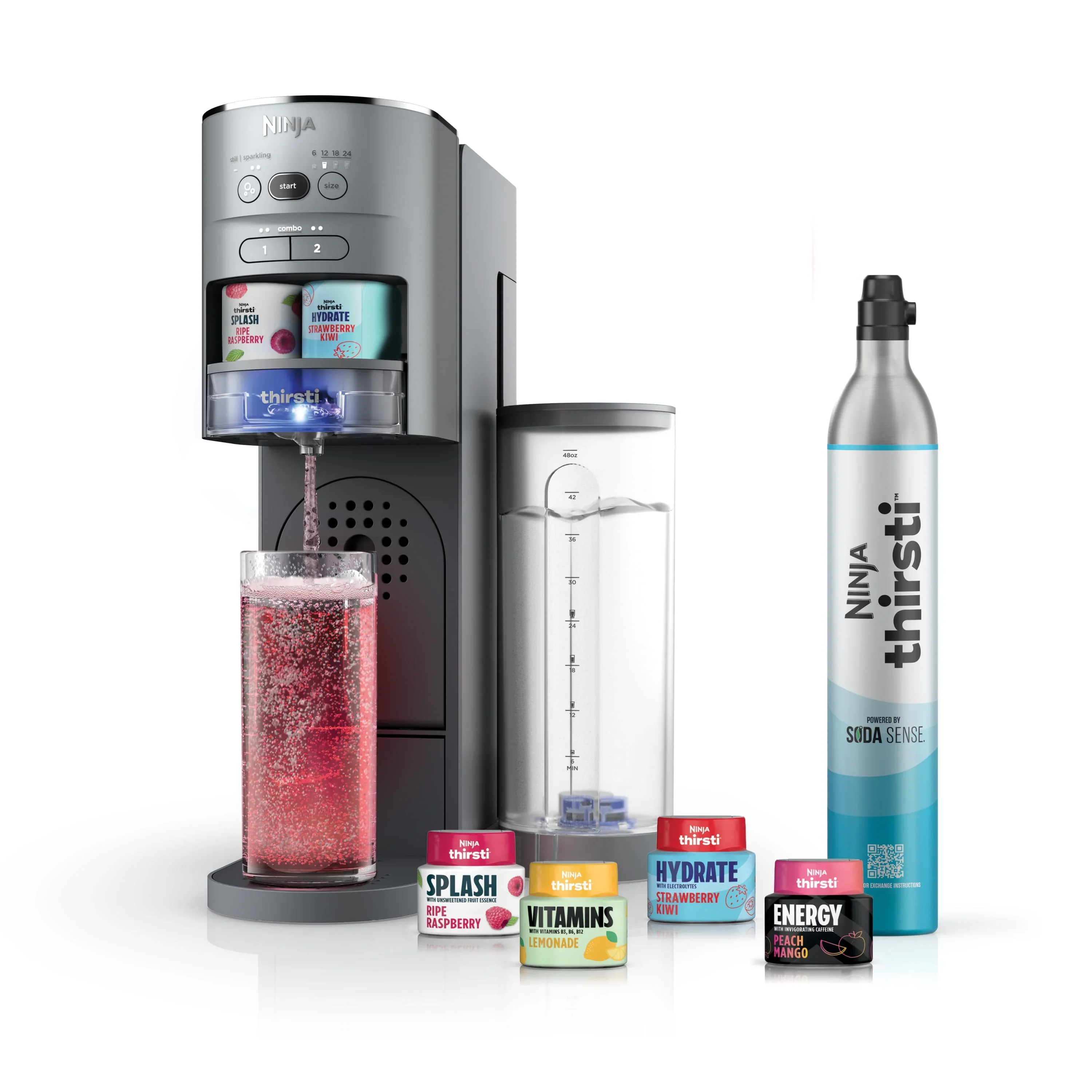 Ninja Thirsti Drink System Complete Still and Sparkling Customization Drink Kit with CO2 Canister, Flavors, and 48oz Reservoir