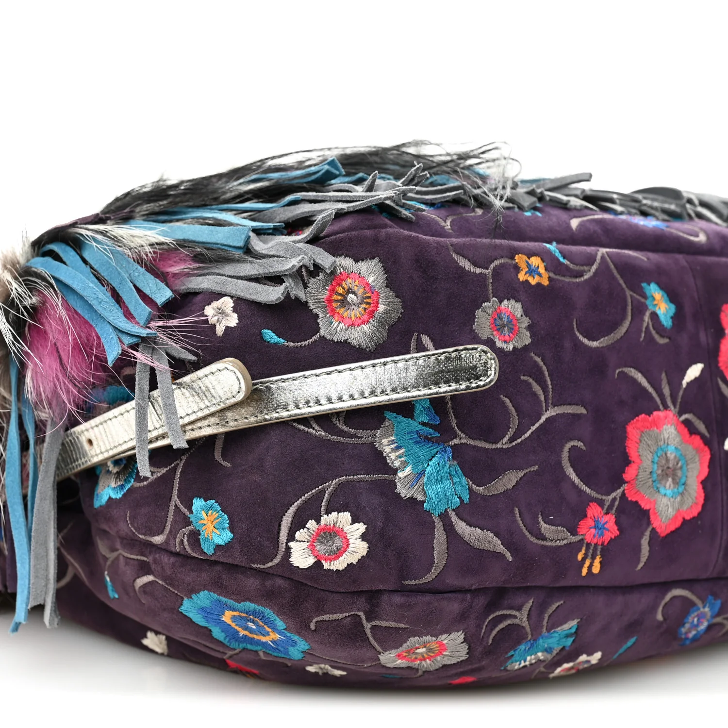 Fox Fur Suede Floral Embroidered Biker Shoulder Bag