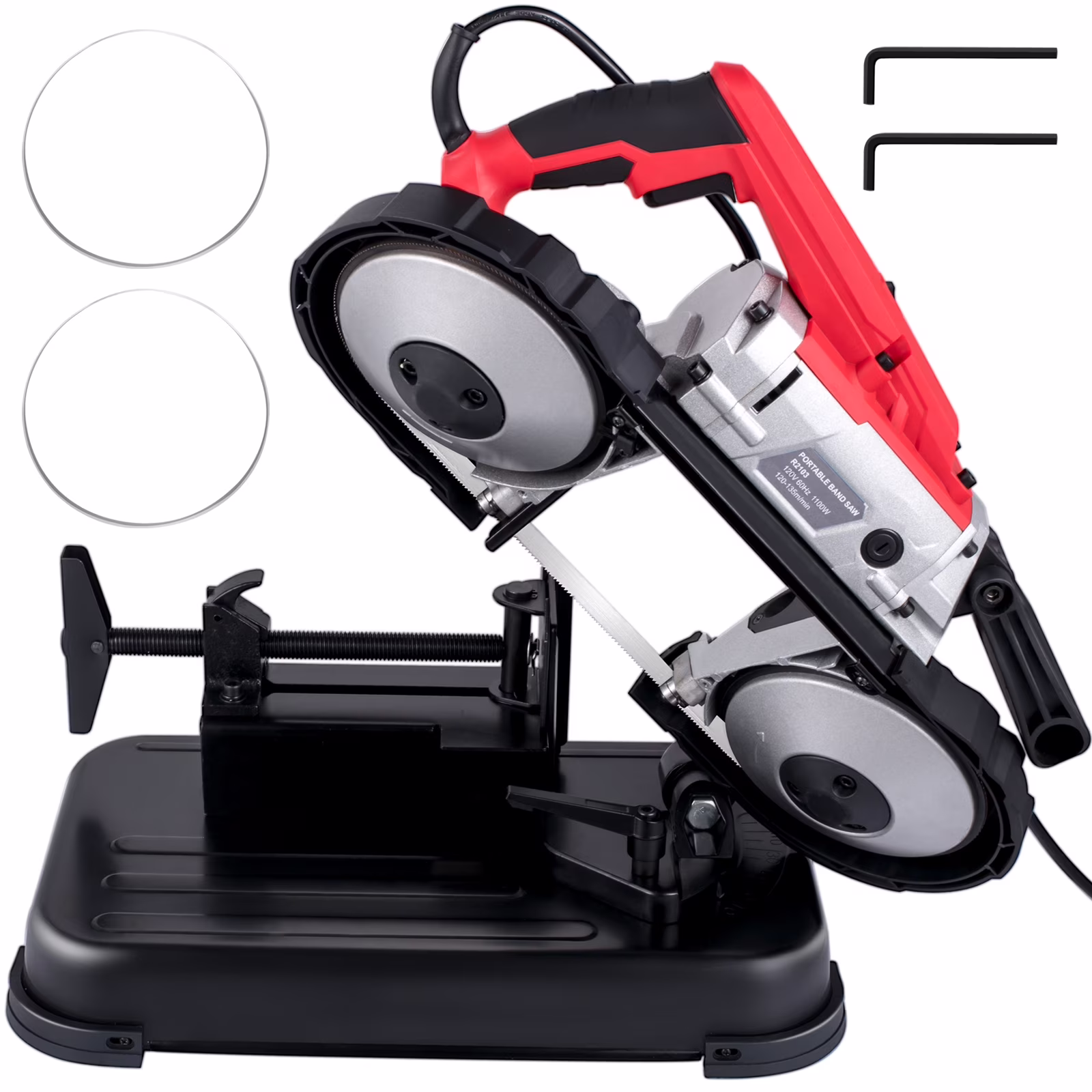 Portable band saw, 110V removable alloy steel base rechargeable band saw, 5 inch cutting capacity handheld band saw, variable speed portable band saw, 10 amp motor, deep cutting band saw for
