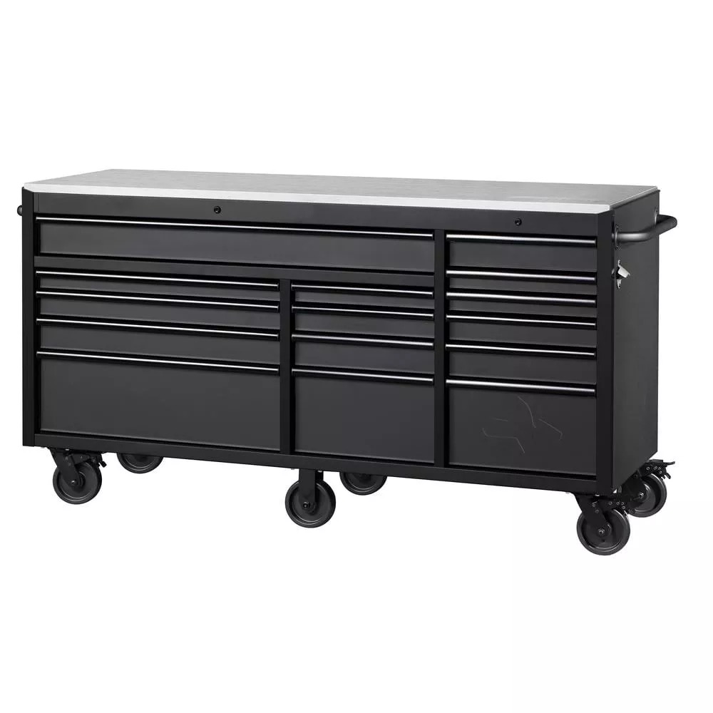 Établi mobile robuste de 183 cm de large avec coffre à outils profond à 15 tiroirs, finition noir mat, plateau en acier inoxydable et double verrouillage.