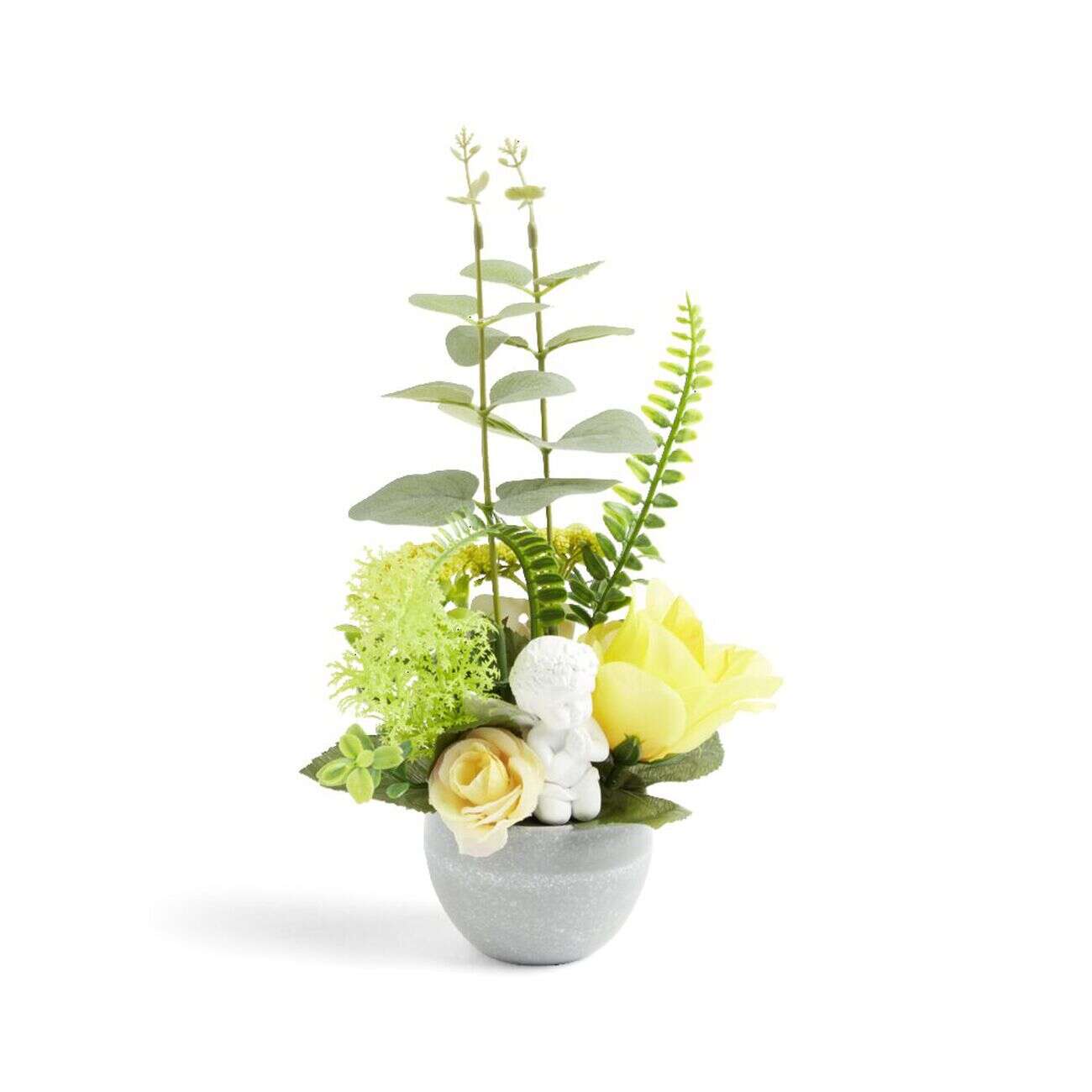 Composition funéraire ange avec rose/eucalyptus jaune Ø16xH28cm