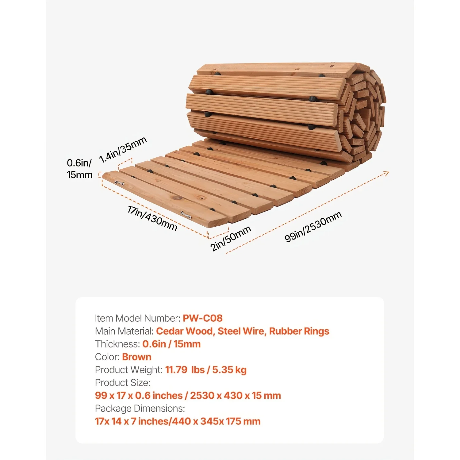 BK'store Wooden Garden Pathway, 8 Ft X 17 In, Non-Slip Curved Walkway. Roll Out Cedar Outdoor Path With Wire Rope Connection. Decorative For Backyard Boardwalk Wedding Party