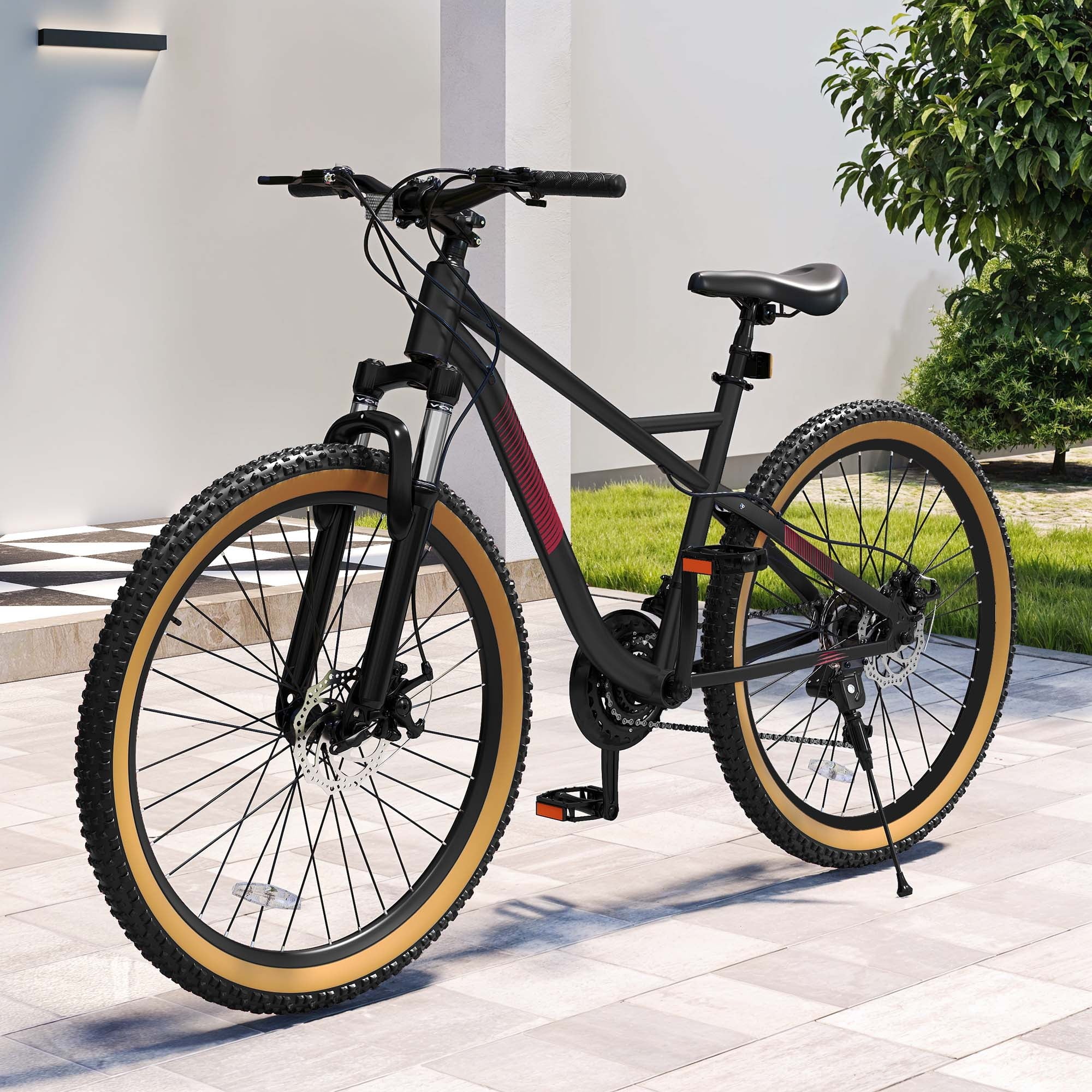 ModFusion 26-Inch Aluminum Alloy Mountain Bike, 21-Speed, Disc Brakes, Black with Brown Tires, 85% Assembled