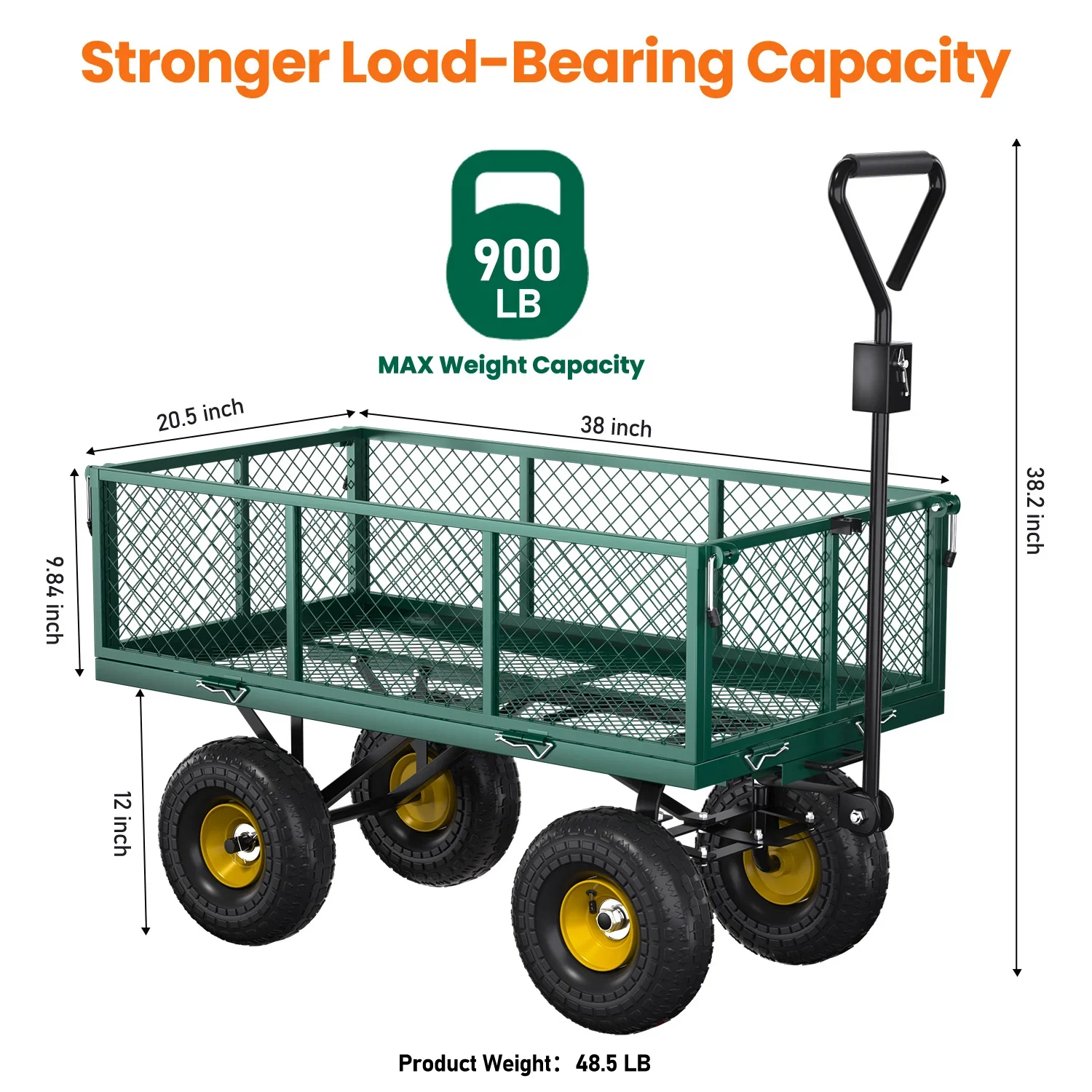 VECUKTY Heavy Duty Steel Dump Garden Cart with Liner, 900lbs Wagon 3 Cu ft 10 Wheel, Black