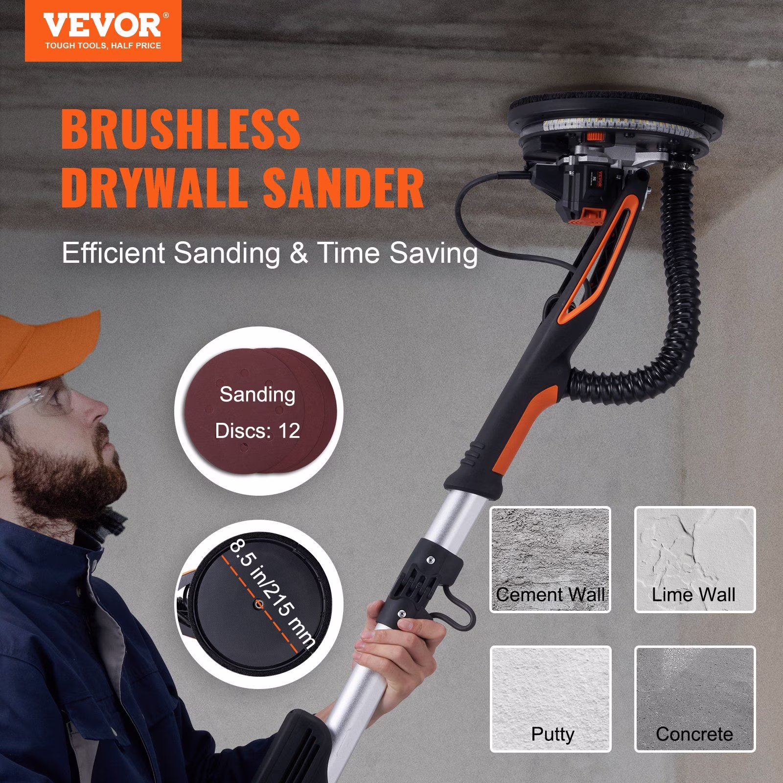 Professional Drywall Sander 800W, Brushless Motor, 5-Speed Adjustment (1000-2300 RPM)