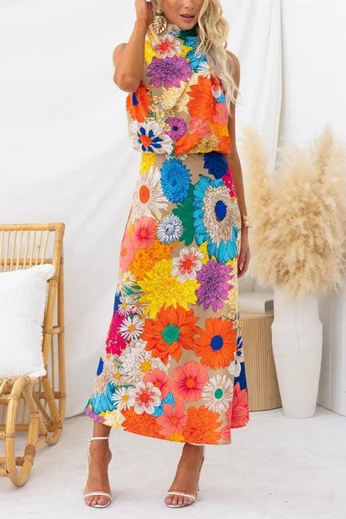 Robe maxi fleurie sans manches à col noué