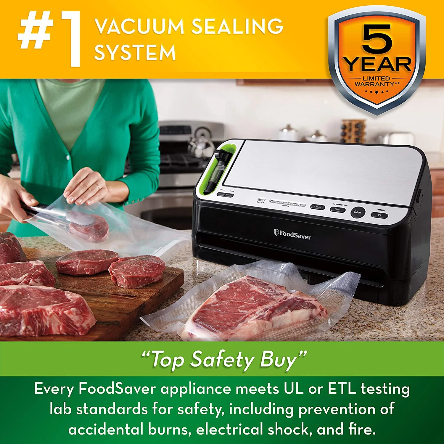Foodsaver V4400 2 - in - 1 Vacuum Sealer Machine with Automatic Bag Detection and Starter Kit | Safety Certified | Black and Silver